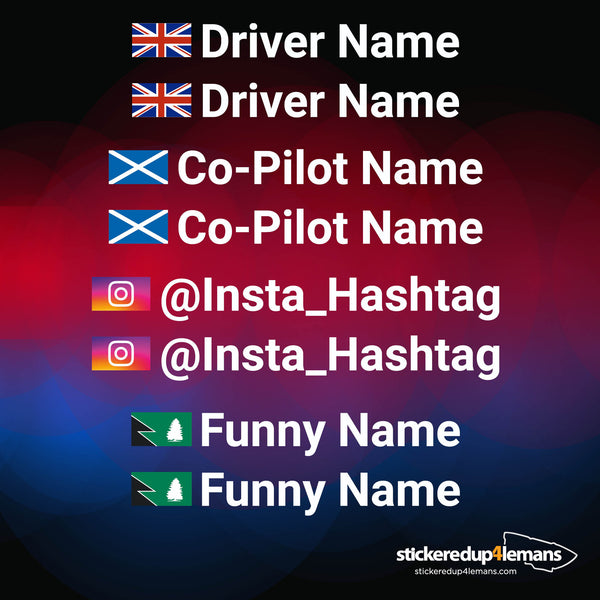 Pair of Race Car Driver Names Personalised Rally Style Sticker